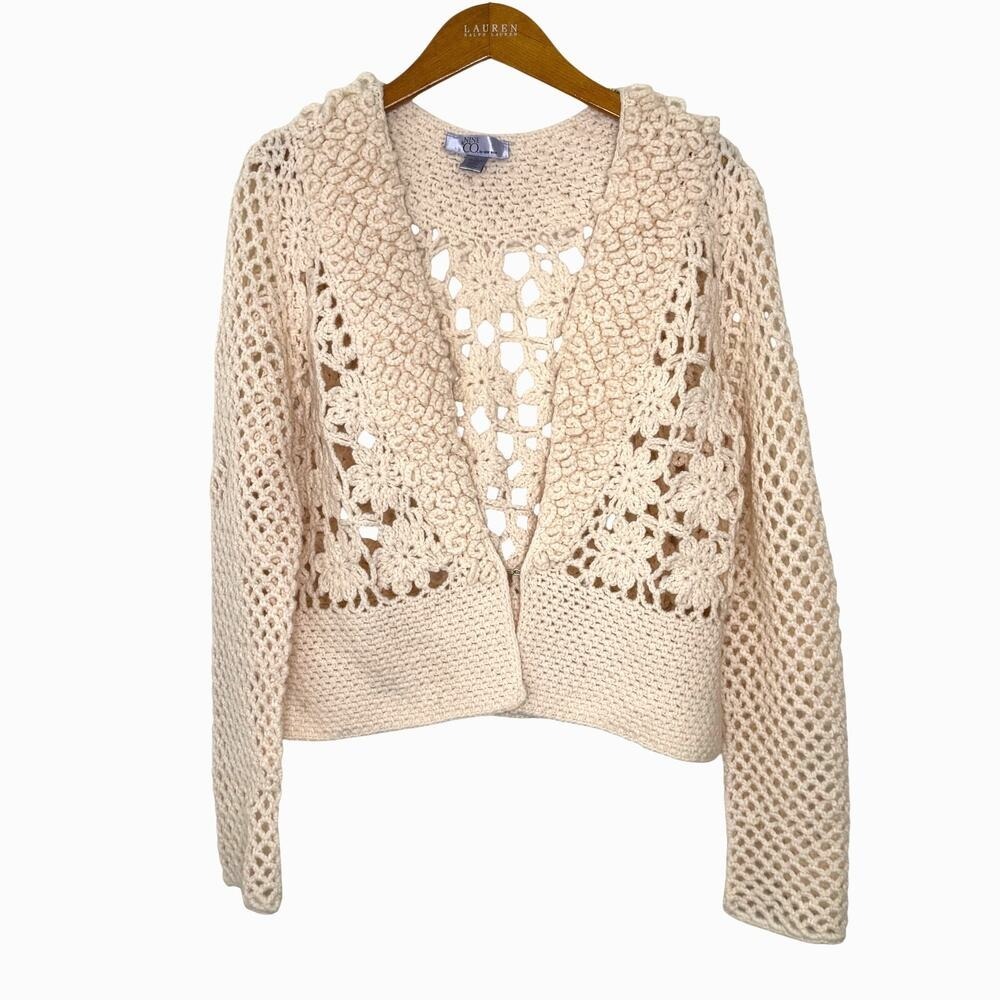 Nine & Co. Crocheted wool‎ blend cardigan Womens XL Cream